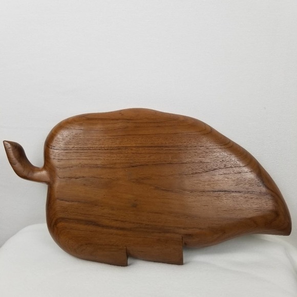 LARGE Monkey Pod Wood Leaf Vtg Platter Dish Carved Display Coin Holder Fruit - Picture 3 of 8